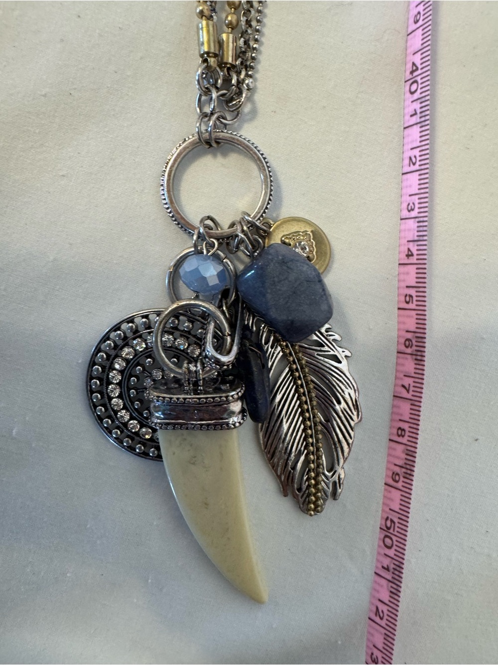 Mixed Charm Feather & Stone Pendant Necklace in Silver and Cream